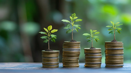 A green sustainable investment theme with trees growing from stacks of money, copy space.の素材