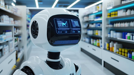 AI-powered robotic pharmacy, with futuristic automated pill dispensers and holographic drug information.の素材