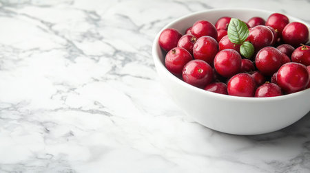 A delicious mix of summer berries in a bowl, placed on a marble surface with copy space.の素材