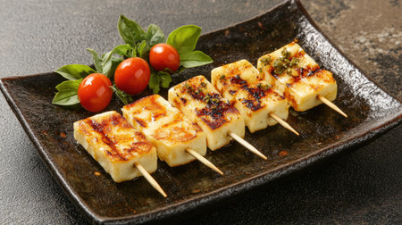 A plate of grilled halloumi cheese with fresh basil, cherry tomatoes, and olives, placed on a rustic surface.の素材