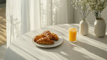 A minimalist breakfast setting with almond croissants, fresh juice, and a modern ceramic plate, shot top-down.の素材