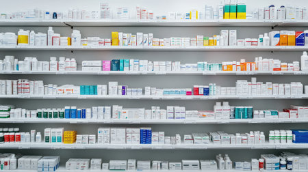 A neat pharmacy shelf with rows of medicine bottles, boxes, and bandages, offering a clean, empty background perfect for text, copy space.の素材