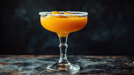 A frozen mango margarita in a cocktail glass with a salted rim, placed on a rustic bar surface.の素材