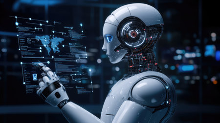 Concept of artificial intelligence running through digital data streams and neural networks, showing complex system processing.の素材