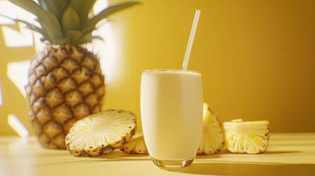 A fresh pineapple smoothie in a glass with a straw, set on a tropical-inspired background with pineapple slices.の素材