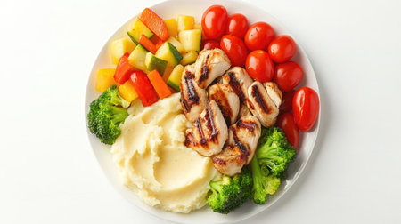 A colorful kids' dinner with mashed potatoes, steamed vegetables, and grilled chicken pieces arranged in a fun pattern on a white plate.の素材