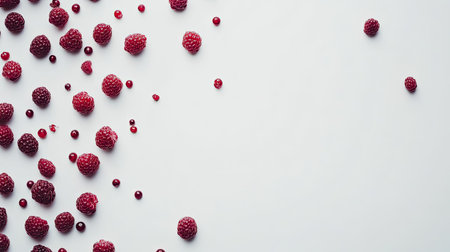 A top-down view of fresh raspberries scattered on a white background with ample copy space.の素材