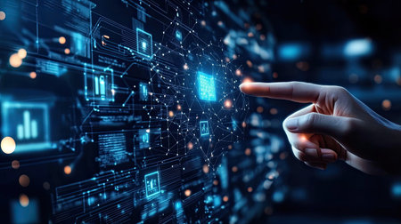 Holographic AI-powered system visualized with floating data grids, algorithms, and virtual interfaces transforming digital landscapes.の素材