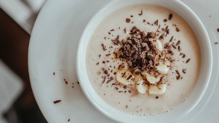 A creamy smoothie bowl with banana, peanut butter, and cacao nibs on a white plate.の素材