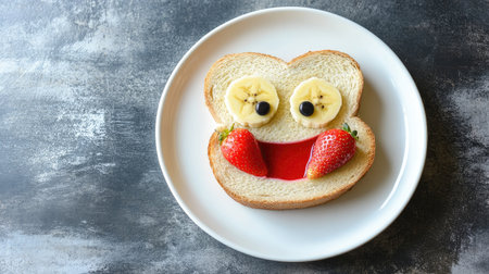A creative kids' meal with a smiling face toast, banana eyes, and a strawberry mouth, arranged on a white plate with copy space.の素材
