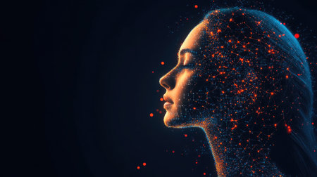 Concept of the future driven by AI, featuring digital pathways, glowing data grids, and interconnected algorithms transforming daily life.の素材