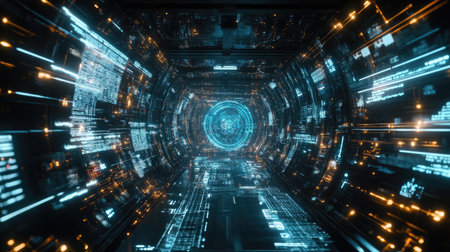 Virtual reality interface with AI-driven analytics in an industrial setting, displaying performance data and machinery status in a digital format.の素材