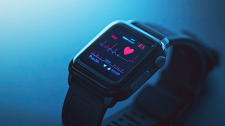 A close-up of a smartwatch showing heart rate monitoring, steps, and activity level, symbolizing the concept of digital health technology in modern fitness tracking.の素材