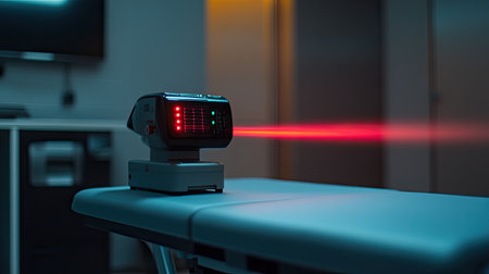 A close-up of a laser therapy device on a clean medical table, with a soft red beam of light shining from it, highlighting the advanced technology in a therapeutic environment.の素材