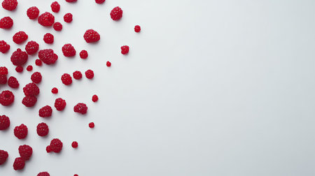 A top-down view of fresh raspberries scattered on a white background with ample copy space.の素材