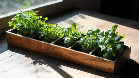 Various fresh herbs like basil, mint, and parsley on a wooden board, shot with soft natural light.の素材