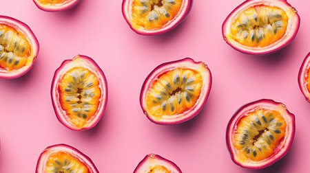 A top-down view of passion fruit halves with their vibrant interiors exposed, placed on a neutral surface.の素材