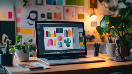 Digital art workspace on a laptop, showing graphic design software tools, vector elements, and a colorful design interface.の素材