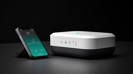 A health monitoring device showing vitals like blood pressure and heart rate, with a connected app displaying the data on a smartphone.の素材