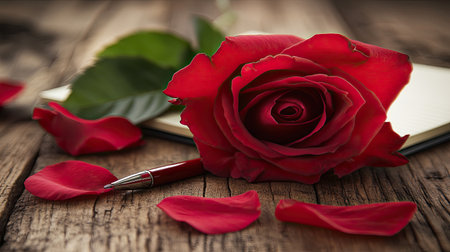 A high-angle view of a laptop with an open screen on a wooden desk, surrounded by a notebook, pen, and a plant, evoking a productive environment.の素材