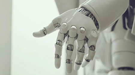 Robotic hand using a digital interface to guide manufacturing systems, emphasizing AI's role in industrial productivity.の素材