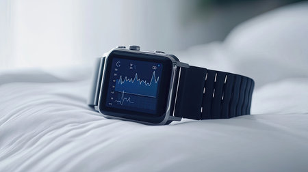 A smartwatch displaying sleep data and a heart rate chart on a white background, symbolizing digital health devices used to monitor wellness.の素材