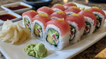 A vegetarian sushi roll platter with soy sauce, pickled ginger, and wasabi, placed on a bamboo mat.の素材