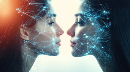 Concept of the future driven by AI, featuring digital pathways, glowing data grids, and interconnected algorithms transforming daily life.の素材