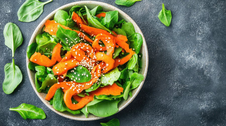 A top-down view of a fresh carrot and ginger salad with sesame seeds, styled with natural light.の素材