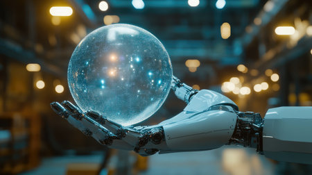 Close-up view of a robotic hand holding a glowing digital sphere in an industrial setting, symbolizing advanced technology integration with humans.の素材