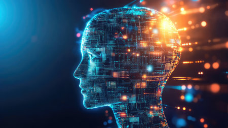 The future of AI with digital circuits, glowing data flows, and intelligent devices blending into a high-tech landscape.の素材