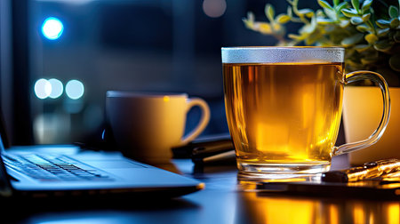 A close-up of a laptop on a desk with a clean screen, surrounded by office tools, a cup of tea, and a green succulent plant.の素材