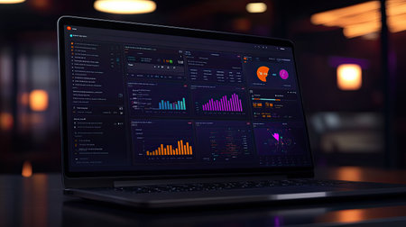 Online customer support dashboard displayed on a laptop, with tools for managing live chat, virtual assistance, and customer queries.の素材