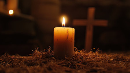 A glowing Easter candle placed on an altar, casting warm light onto a rustic wooden cross.の素材