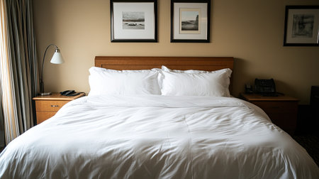 A hotel-style bedroom with crisp white linens, dark wood furniture, and a stylish lamp.の素材