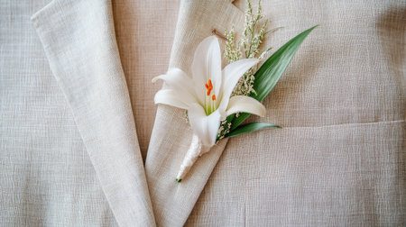 A neatly pressed linen suit jacket with an Easter lily boutonniere, arranged flat on a neutral surface.の素材