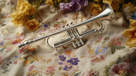 A silver trumpet lying on an embroidered altar cloth, symbolizing the triumphant sounds of Easter celebrations.の素材