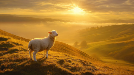 A single lamb standing atop a sunlit hill, framed against a golden Easter morning sky.の素材