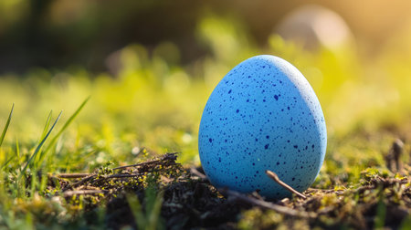 A single blue Easter egg resting on a slight incline, casting a small shadow in the morning sunlight.の素材