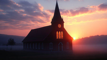 A misty sunrise over a rural church with a pointed steeple, symbolizing hope and resurrection.の素材