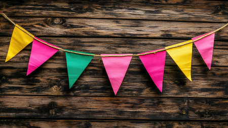 Vibrant triangular bunting in pink, yellow, and green, hanging above a rustic wooden background.の素材
