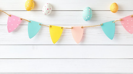 Colorful Easter bunting hanging above a white wooden table, perfect for seasonal decorations.の素材