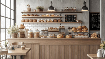 A warm and inviting bakery counter with freshly baked bread, cakes, and rustic wooden display shelves.の素材