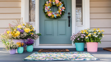 A front porch decorated with a festive Easter wreath, pastel flower pots, and a welcome mat.の素材