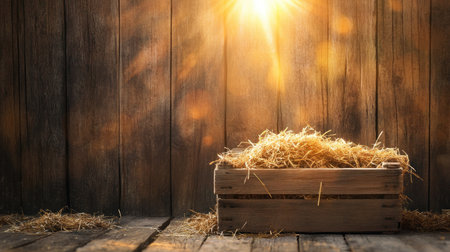 A rustic wooden manger filled with fresh hay, softly illuminated by golden morning light.の素材