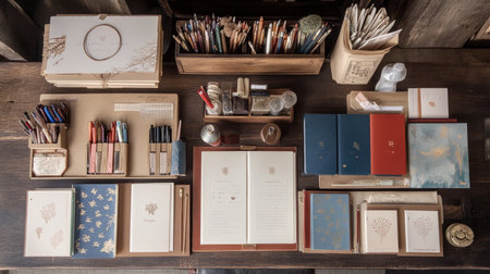 A stylish workspace with handcrafted stationery, embossed leather journals, and hand-painted greeting cards.の素材