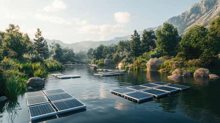 A pond with floating solar panels, generating energy while preserving water.の素材