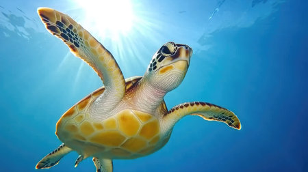 A majestic sea turtle swimming freely near a protected marine reserve, with sun rays penetrating the water.の素材