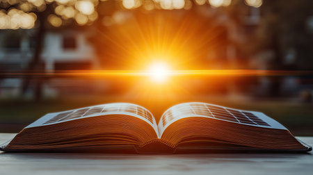 A solar-powered reading lamp illuminating an open book, symbolizing sustainable learning.の素材