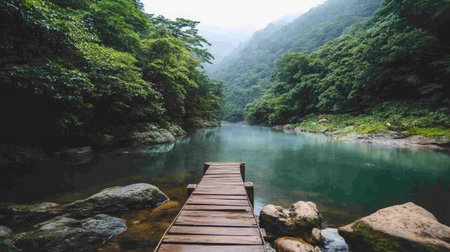 A narrow wooden footbridge crossing a pristine river in a national park.の素材